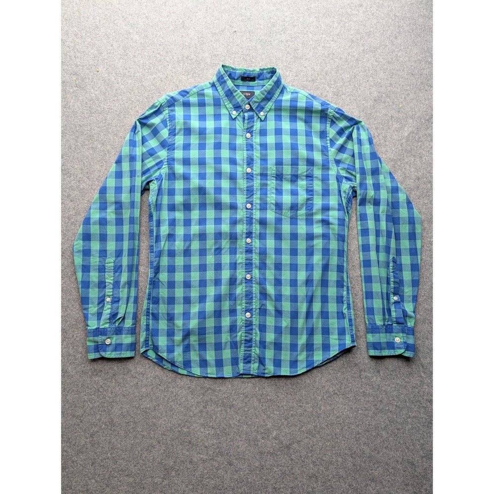 J.Crew Gingham Button Down Shirt Mens Medium Slim Fit Blue Green Plaid C3688